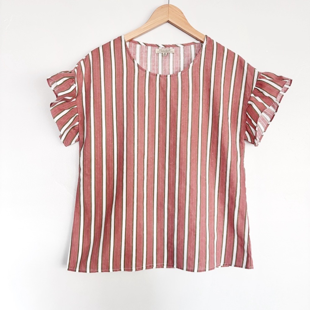 Polagram Blouse Women's Striped Flutter Sleeve Top Ruffles Cottagecore Boho M